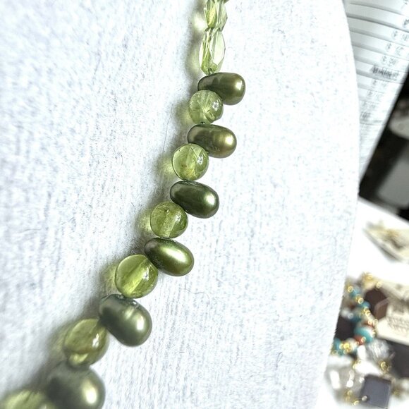 Green Glass Crystal Bead Freshwater Pearl Necklace 925 Silver - Picture 4 of 11
